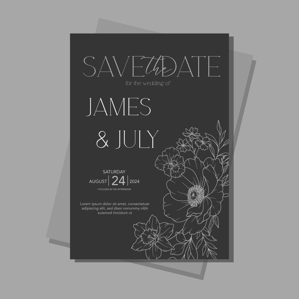 Line Art Spring flowers Wedding Invitation template on black, Outline Flowers Minimalist Wedding Design, Spring Wedding invite template vector
