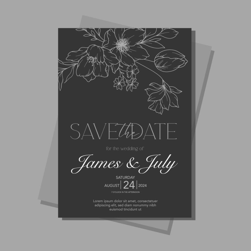Spring Wedding Invitation template, Outline Flowers Minimalist Wedding Design, Spring Wedding invite template vector