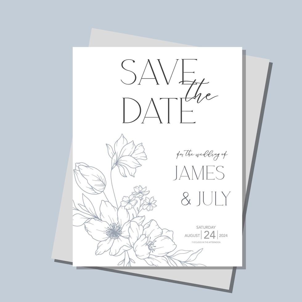 Line Art Spring flowers Minimalist Wedding Invitation template, Outline Flowers Minimalist Wedding Design, Spring Wedding invite template vector