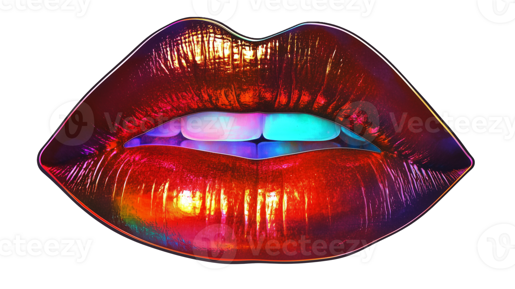 A surreal collage art sticker featuring a bold Holographic Lips Iridescent Beauty Close Up png