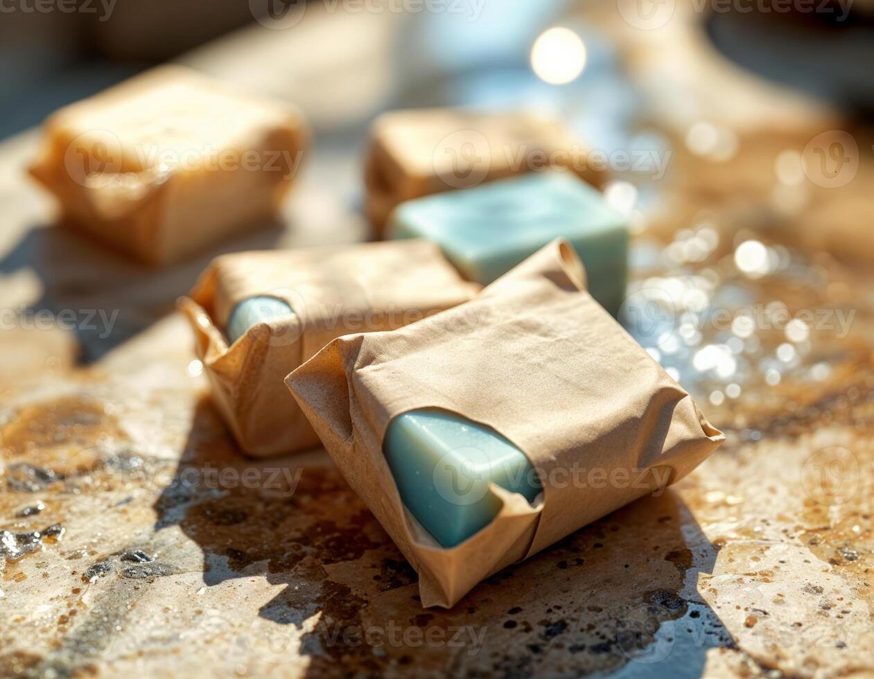 Handmade soap bars on a rustic background. Selective focus. Handmade Organic Soap Bars photo