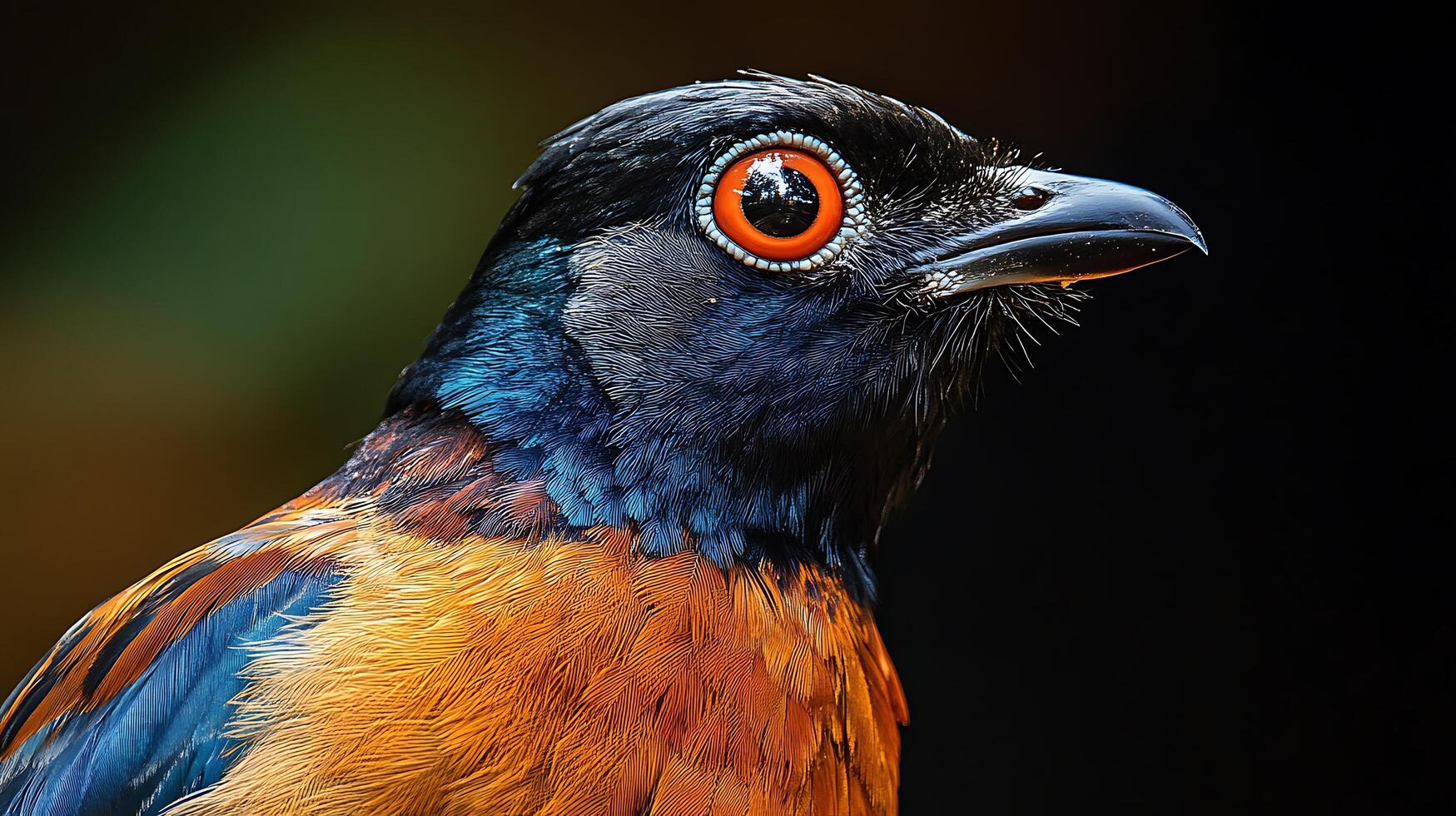 A close-up of a superb starling, showing its brilliant orange eye and iridescent blue and orange feathers, set against a blurred background. photo
