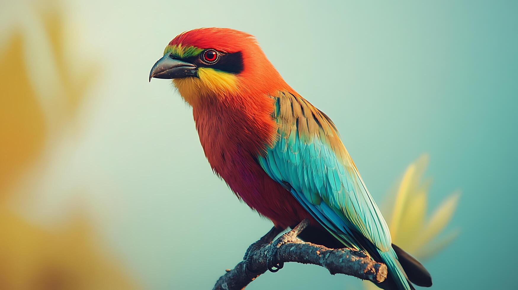 Colorful bird perched on a branch with vibrant plumage, a striking display of nature's beauty against a soft, blurred background. photo