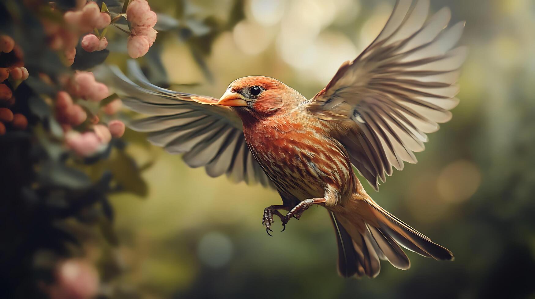 A vibrant, reddish-brown bird with outstretched wings appears mid-flight, set against a backdrop of softly blurred blossoms and greenery. photo