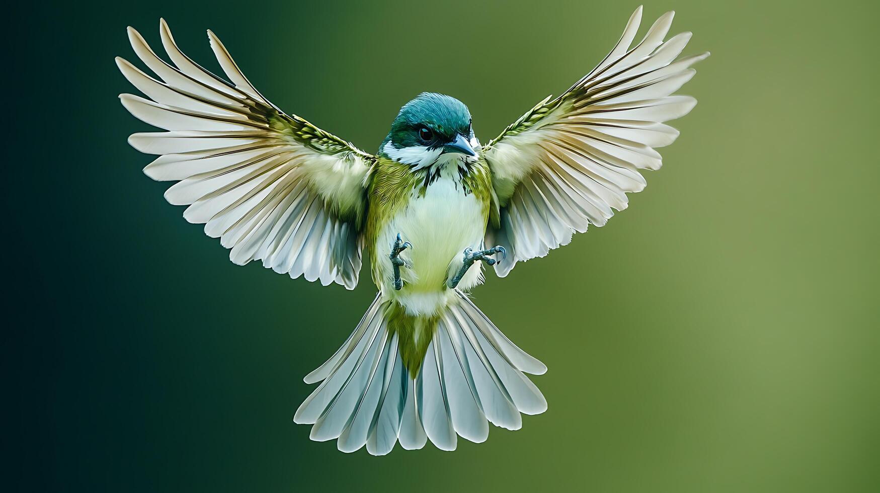 Bird in Flight A vibrant small bird with green and white plumage soars with wings outstretched against a blended green backdrop. photo