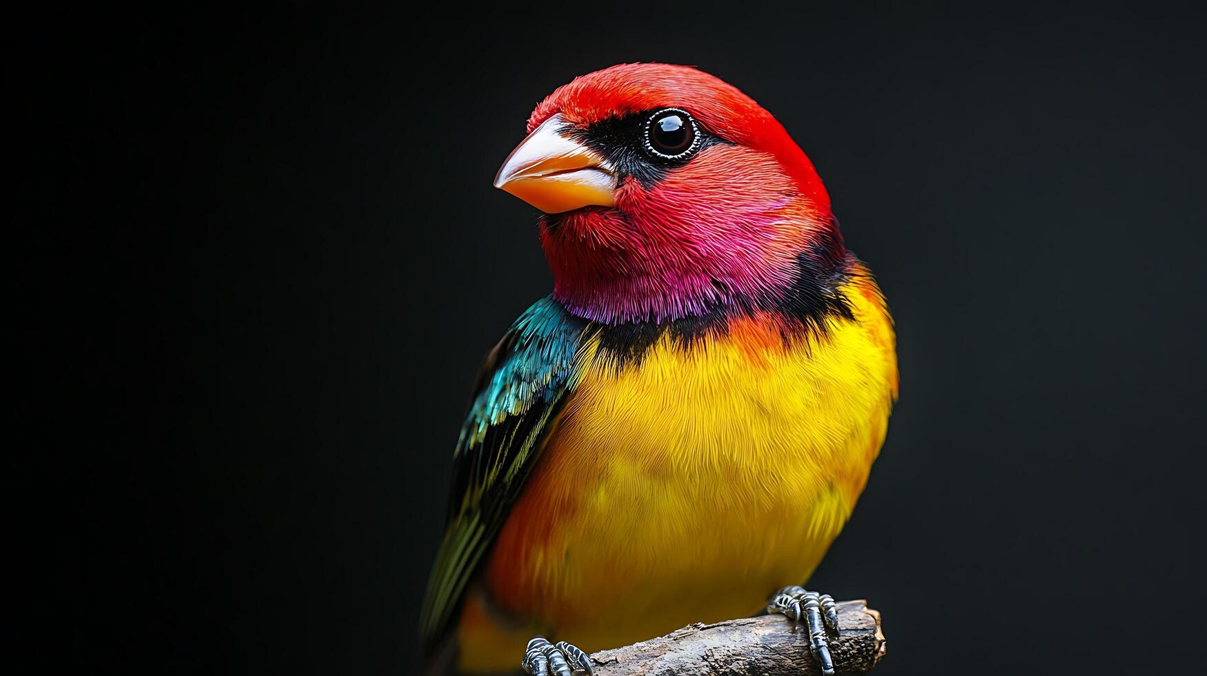 A colorful bird with red, yellow, and blue feathers perched on a branch with a dark background. The bird looks to the left of the frame. photo