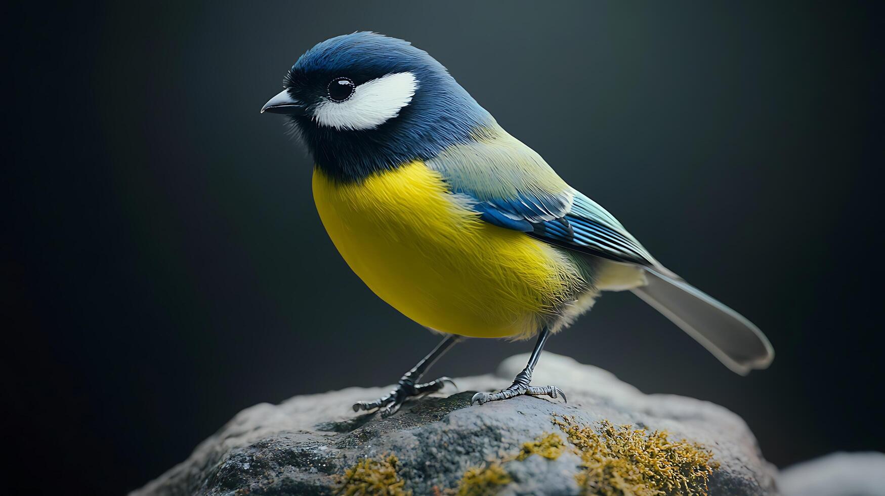 A vibrant bird with blue head, yellow body perches on a mossy rock, creating a striking contrast against a dark background. photo