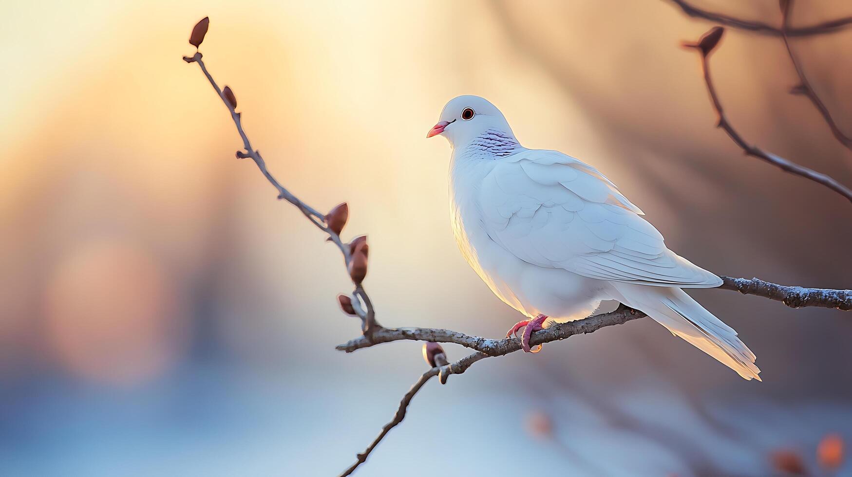 Peaceful Dove A serene white bird rests on a budding branch, bathed in soft light, embodying tranquility and natural beauty. photo