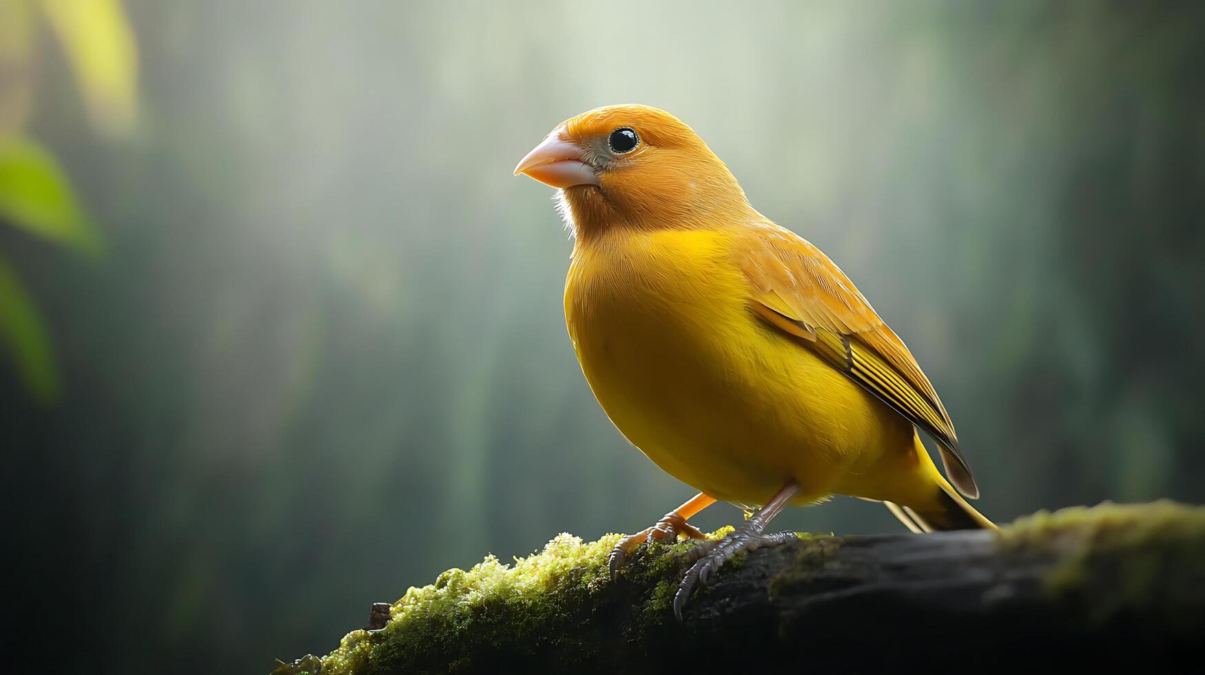Golden songbird perched on a mossy branch, framed by a soft, diffused background, highlighting its vibrant plumage. Nature's beauty. photo