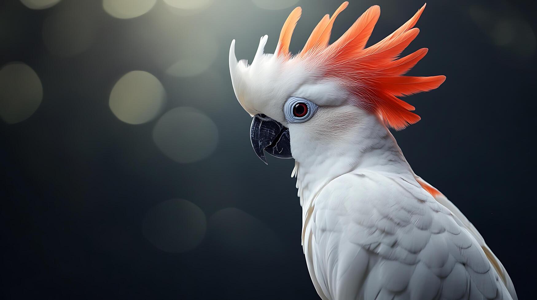 A cockatoo, with its white plumage and striking orange crest, stands as a symbol of avian beauty against a dark, blurred backdrop. photo