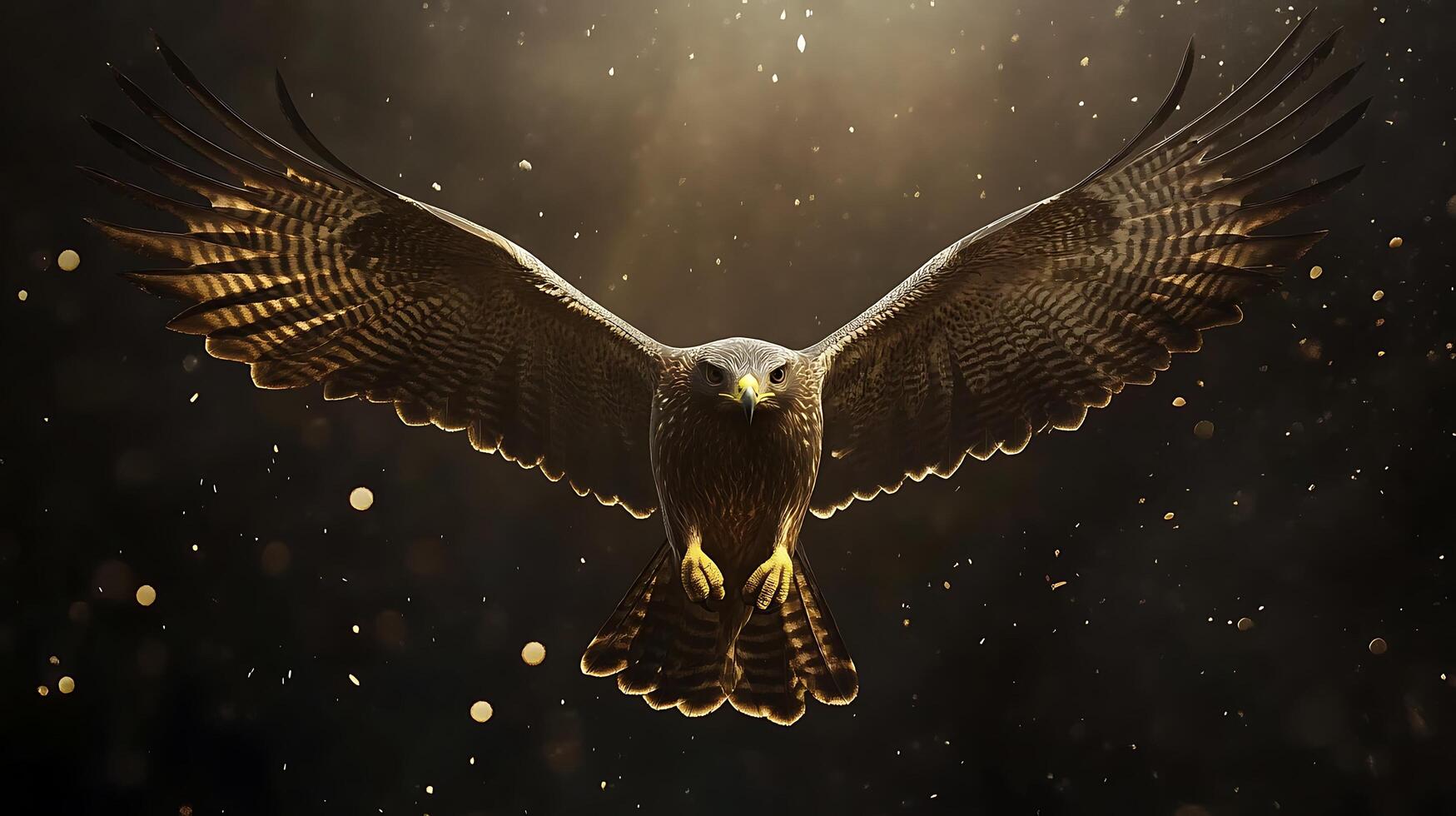 Majestic bird of prey soars, wings spread wide against a dark background, illuminated by particles creating a powerful and dynamic image. photo