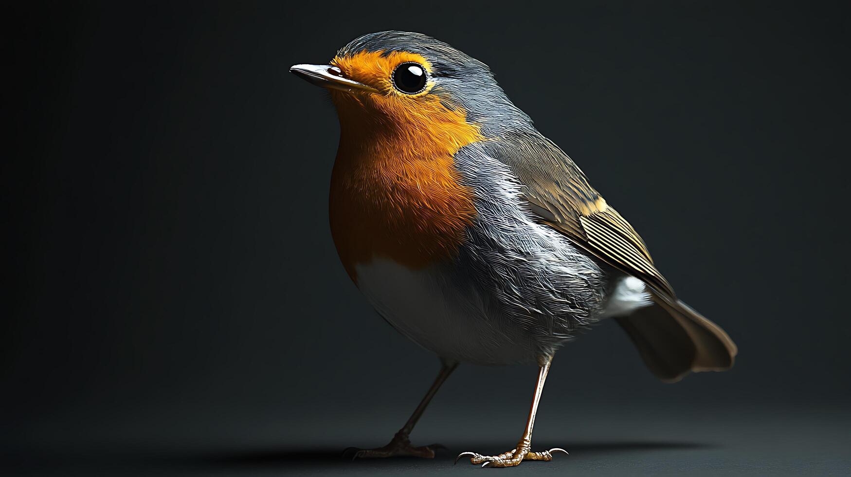 Charming portrait of a small bird, known for its vibrant orange breast and grey plumage, perched against a dark background. photo