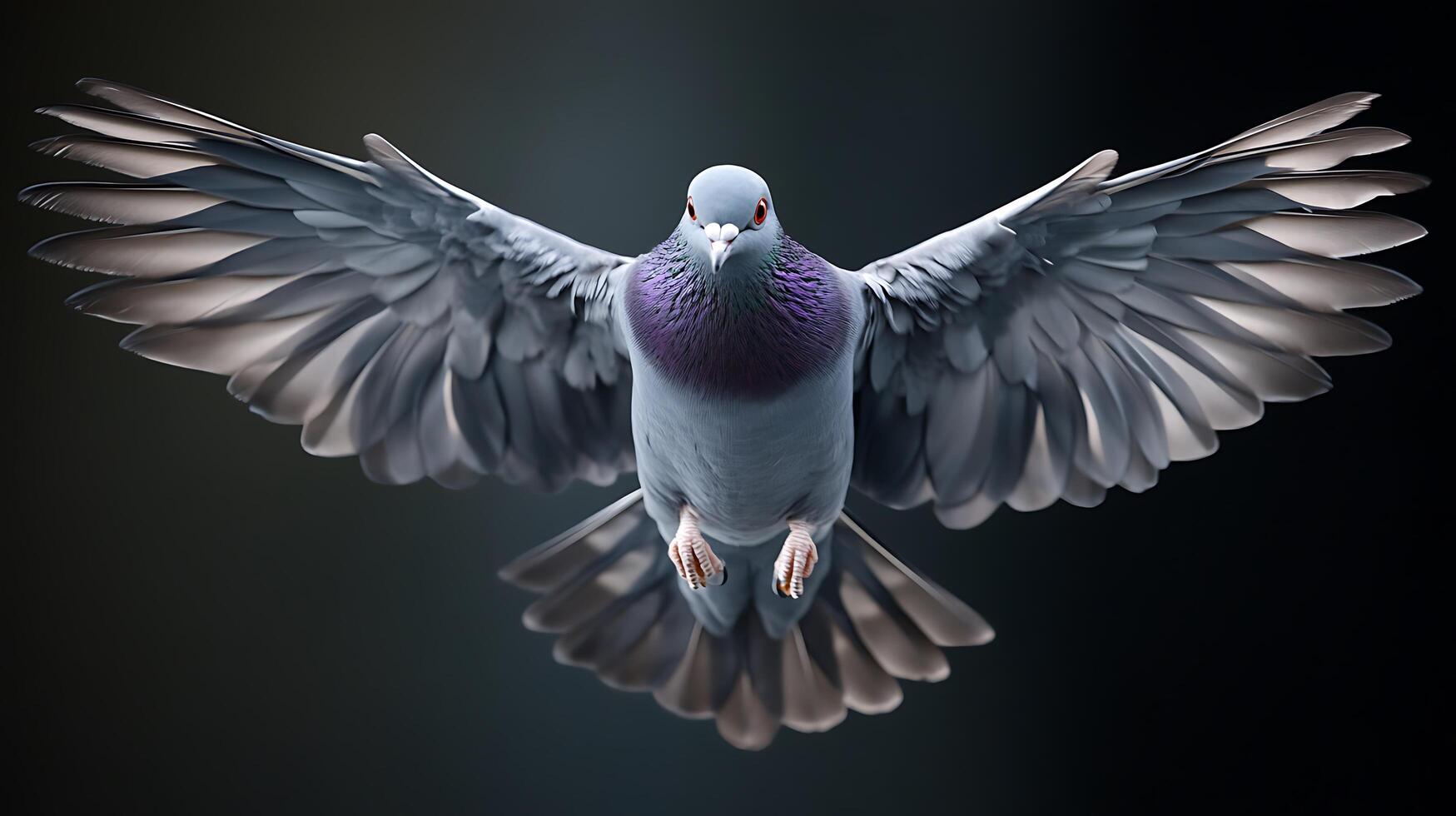 A pigeon soars with its expansive wings spread wide, set against a dark background, showcasing the beauty of avian flight. photo