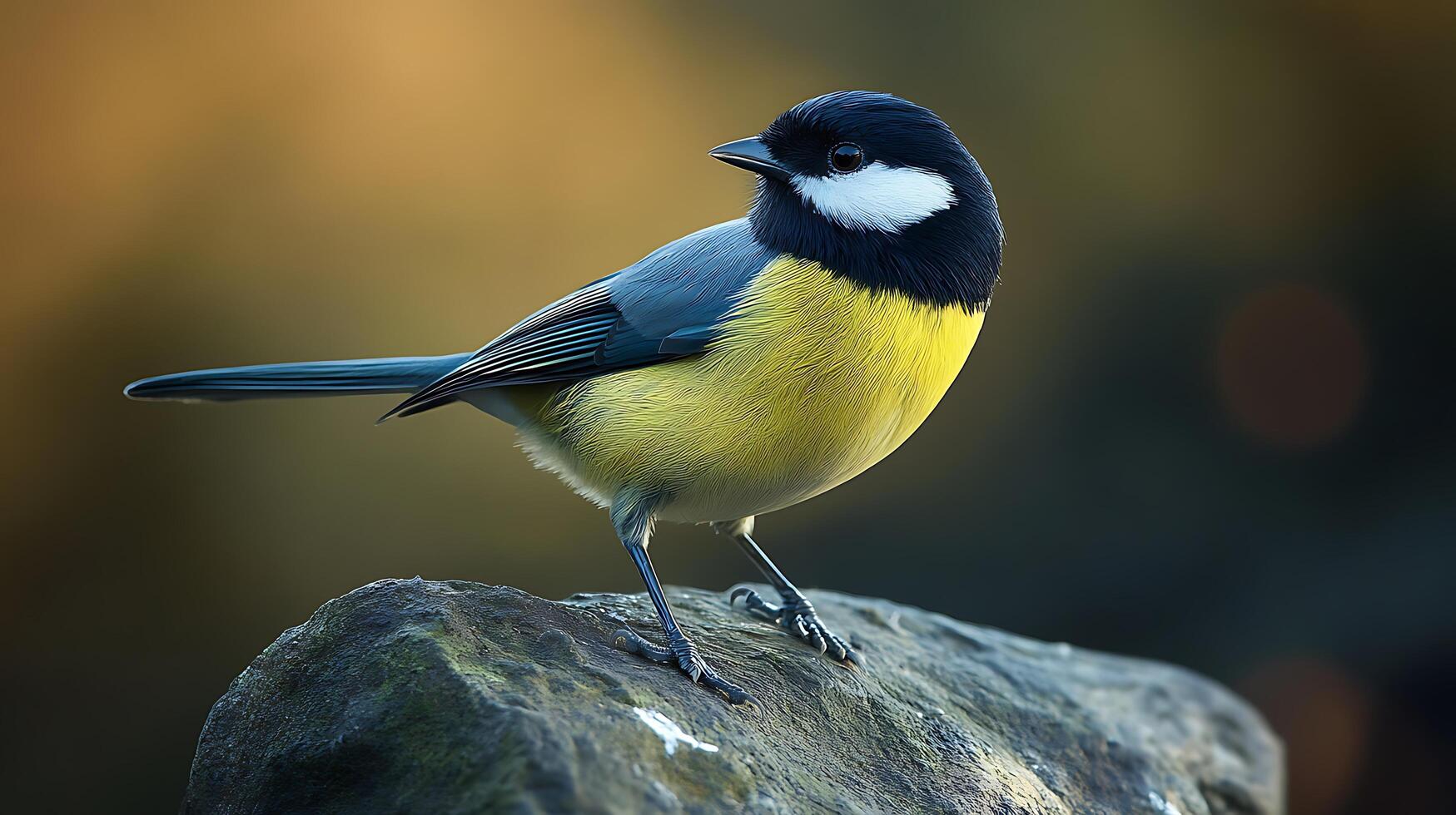 Vibrant bird perched on a stone, showcasing its striking yellow, gray, black, and white plumage against a blurred, natural backdrop. photo