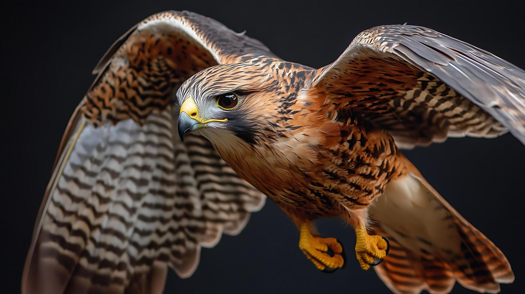 A bird of prey soars through the sky, its wings spread wide against a dark backdrop, showcasing its power and beauty in flight. photo