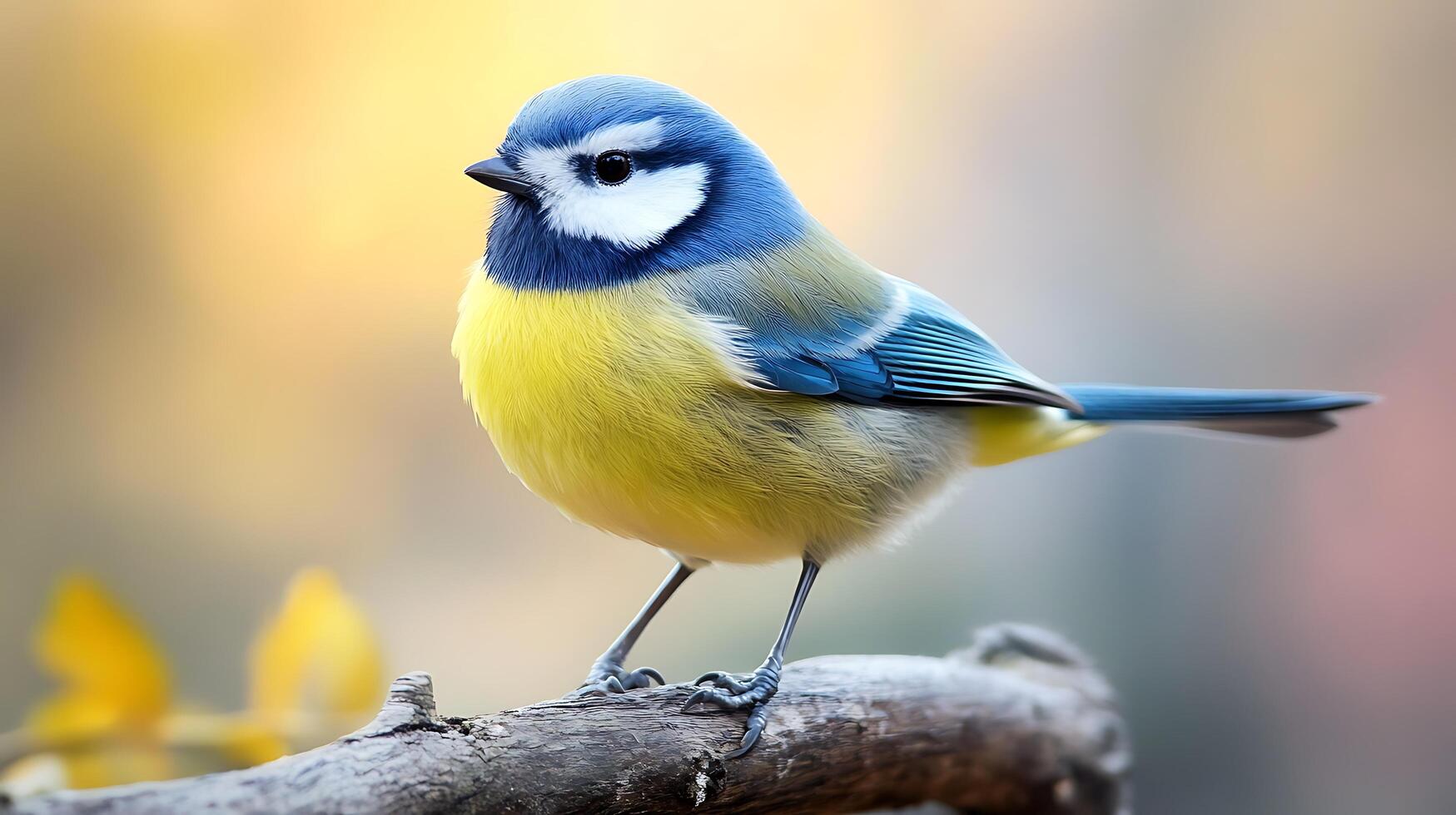 Vibrant bird with blue, yellow, and white plumage perched gracefully on a branch against a soft, blurred backdrop. photo