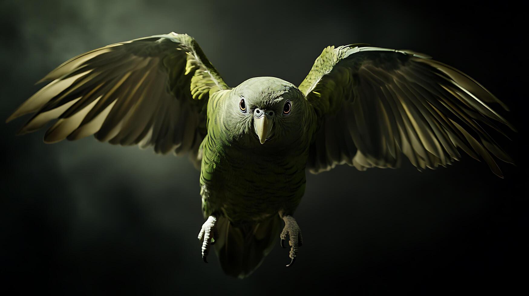 Green parrot in mid-flight, wings spread wide against a dark background, showcasing its vibrant plumage and focused gaze. photo