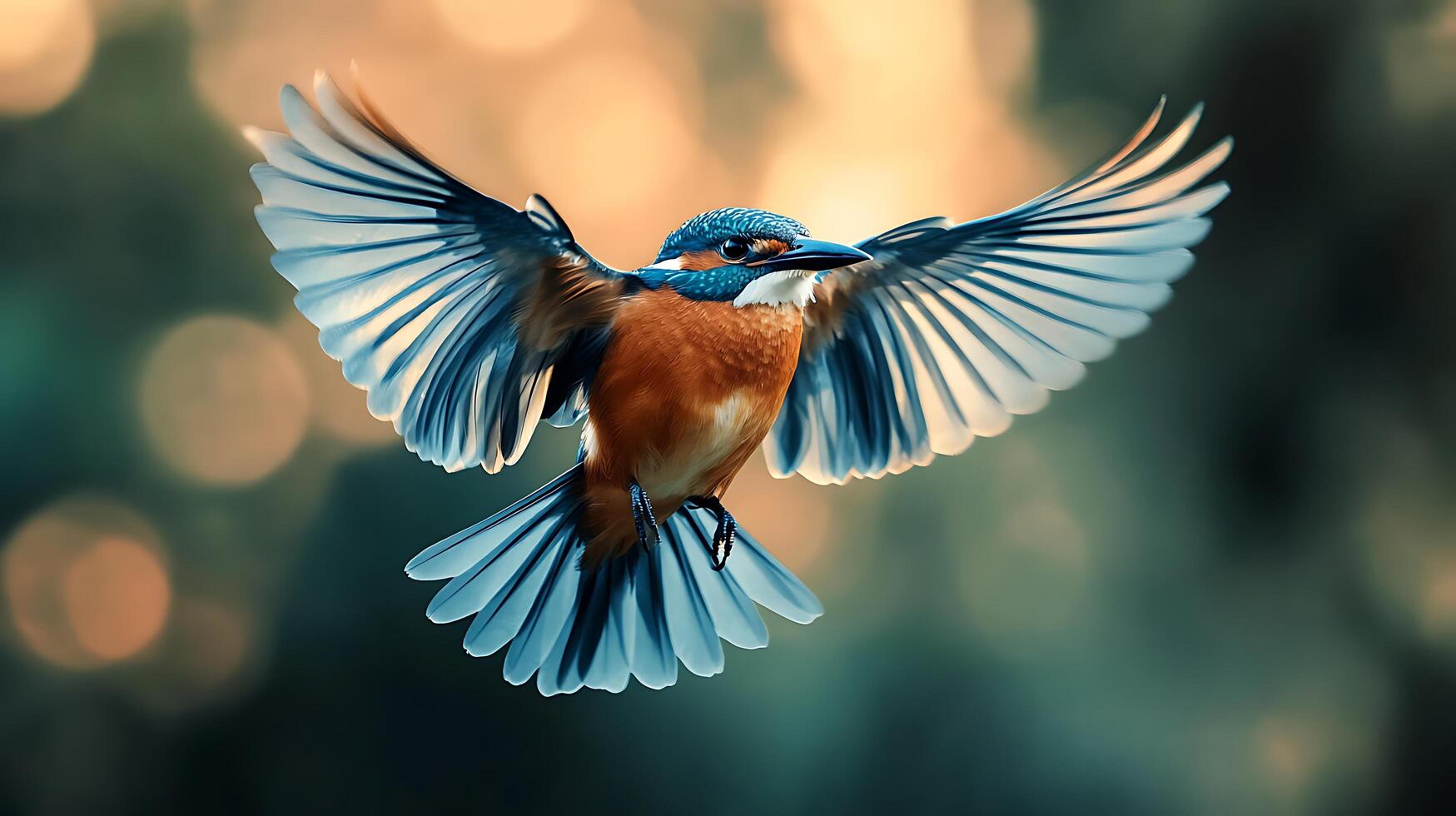 A vibrant bird in flight, showcasing its blue and orange plumage against a soft bokeh background, wings fully spread. photo