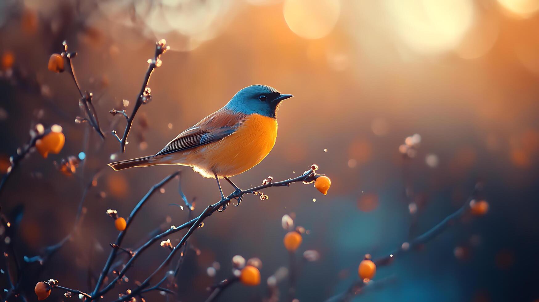 Small bird perched on a delicate branch amidst warm, glowing light. A tranquil moment in nature. photo