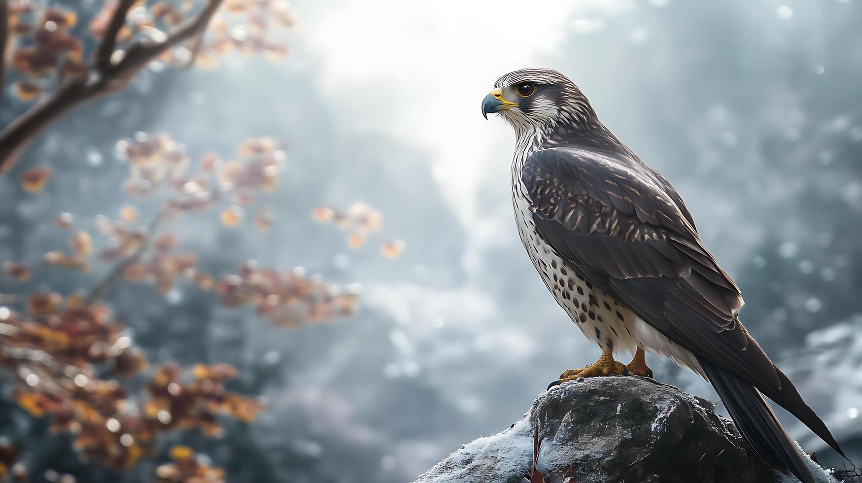 A majestic peregrine falcon perched on a snowy rock surveys the misty, autumn-tinged landscape with focused intensity. photo