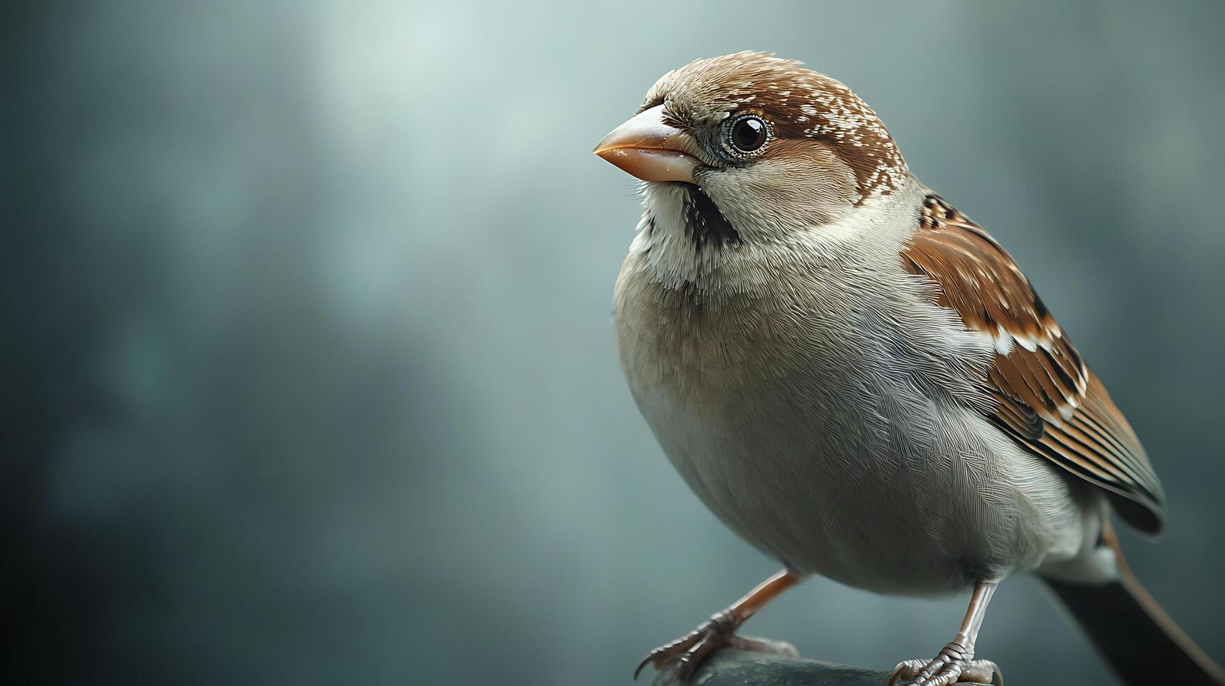 A charming sparrow perched gracefully with its delicate features enhanced by soft lighting against a tranquil, blurred backdrop. photo