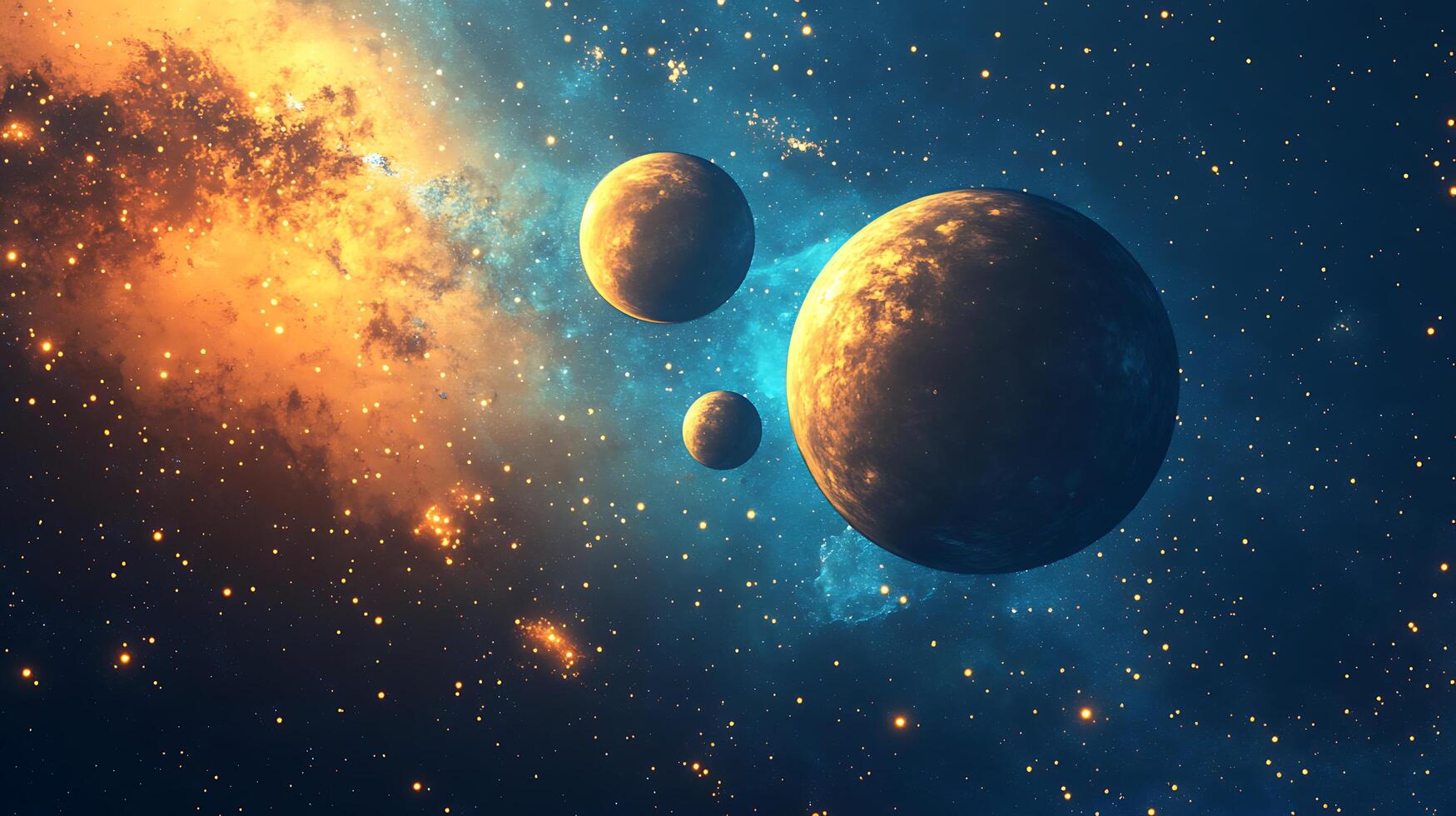 Three Planets in a Starry Sky. A view of celestial bodies amidst a vibrant mix of orange, blue, and white cosmic dust and bright stars. photo