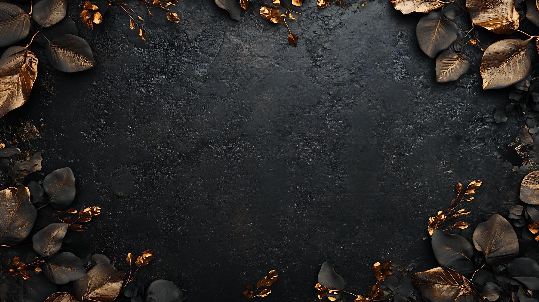 Elegant black background accented with golden leaves. Ideal for sophisticated designs, adding a touch of luxury and natural beauty. photo