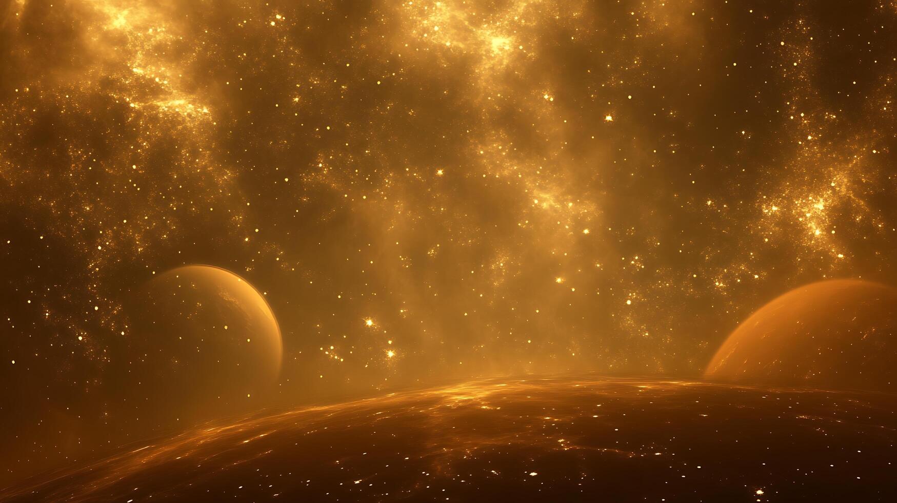 Glimmering Golden Space Planets bathed in a warm, golden light against a backdrop of distant, sparkling stars and cosmic dust clouds. photo