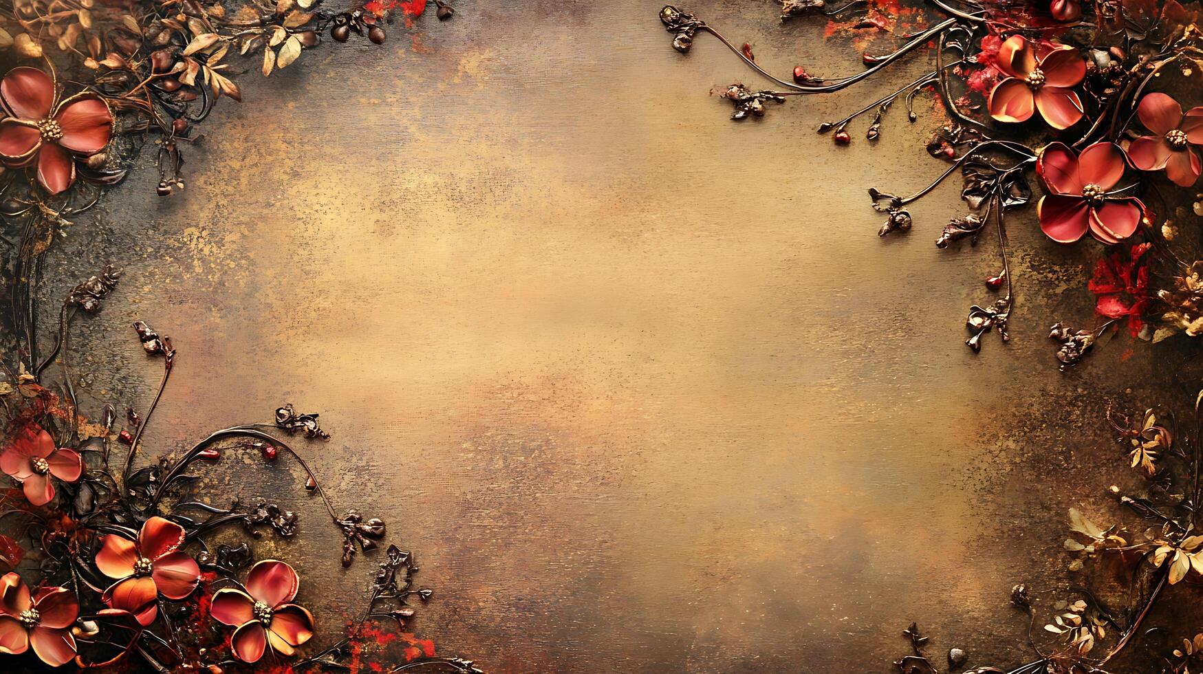 Floral frame with red flowers and bronze branches on a textured, blended bronze-gold backdrop. Decorative elegance. photo