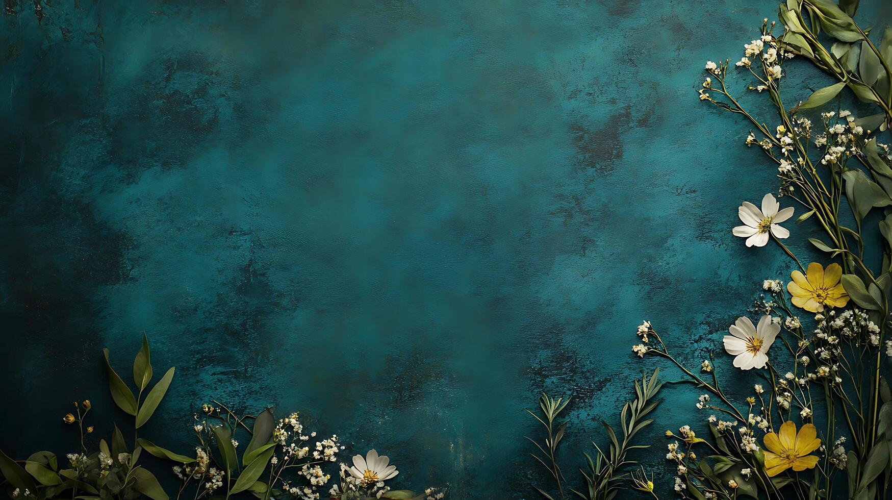 Elegant floral arrangement with white and yellow flowers against a textured teal background, creating a serene and sophisticated mood. photo