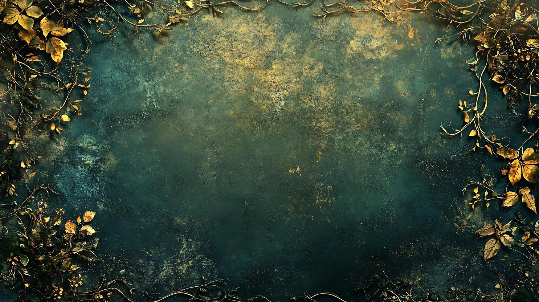 An inviting canvas of rich green texture interwoven with golden vines and leaves, evoking the mystique of an enchanted forest. photo