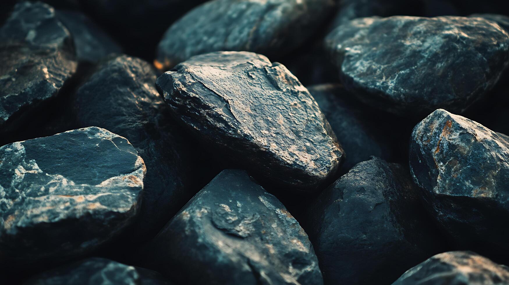 A close-up of a pile of dark, textured rocks, showcasing rough surfaces and varied shapes, creating an intriguing natural background. photo