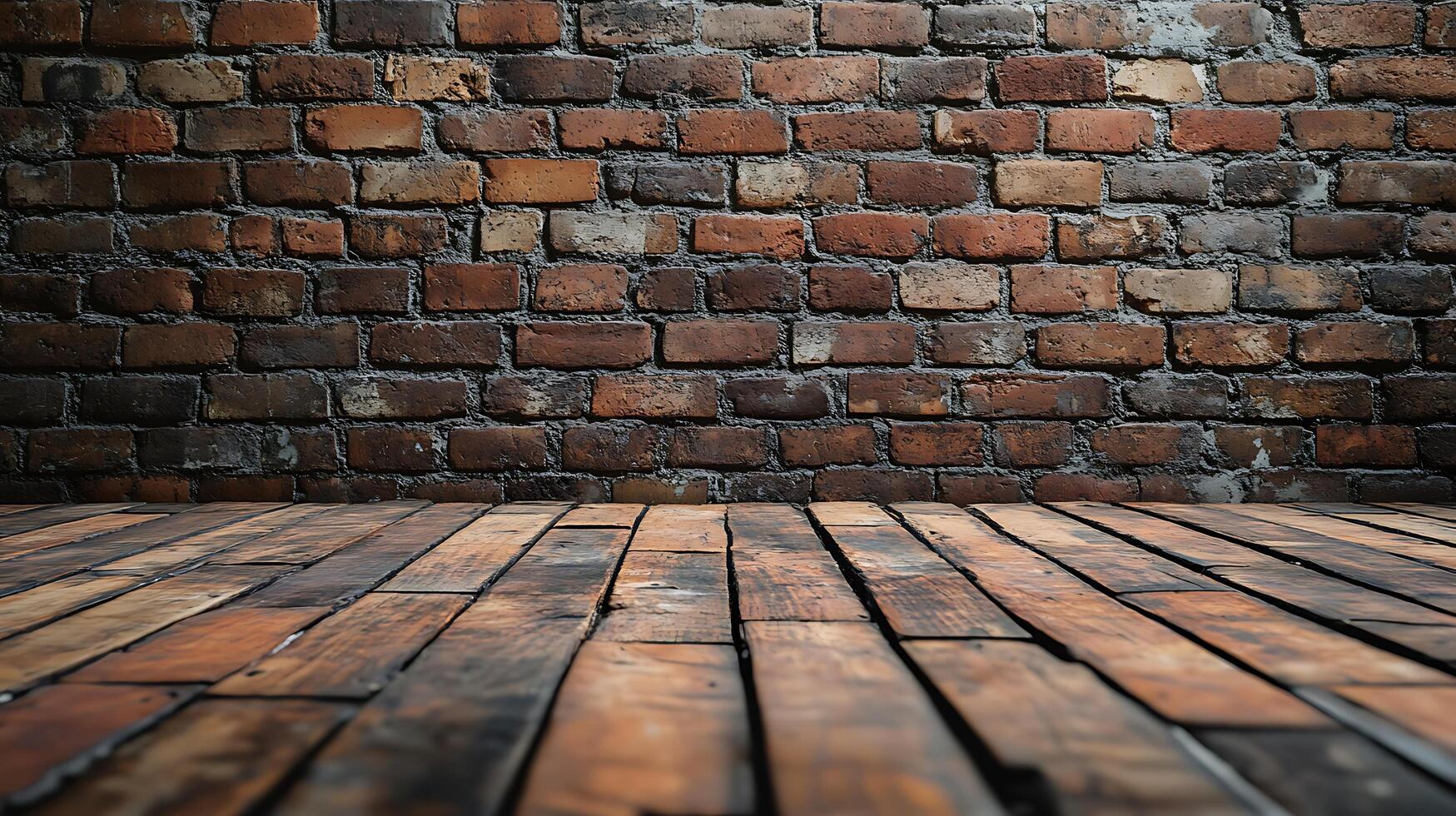 Rustic backdrop weathered brick wall meeting aged wooden floor, creating a vintage and textured aesthetic. Great for photo overlays.