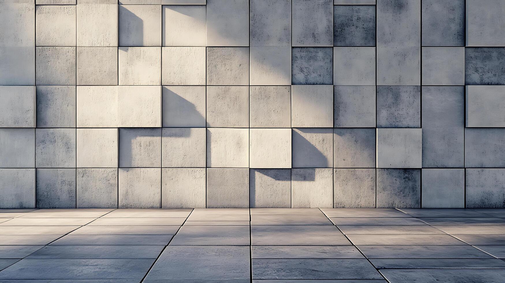 Monochromatic geometric pattern. Modern block wall design and matching floor tiles are illuminated by soft light and shadows, neutral and muted tones photo