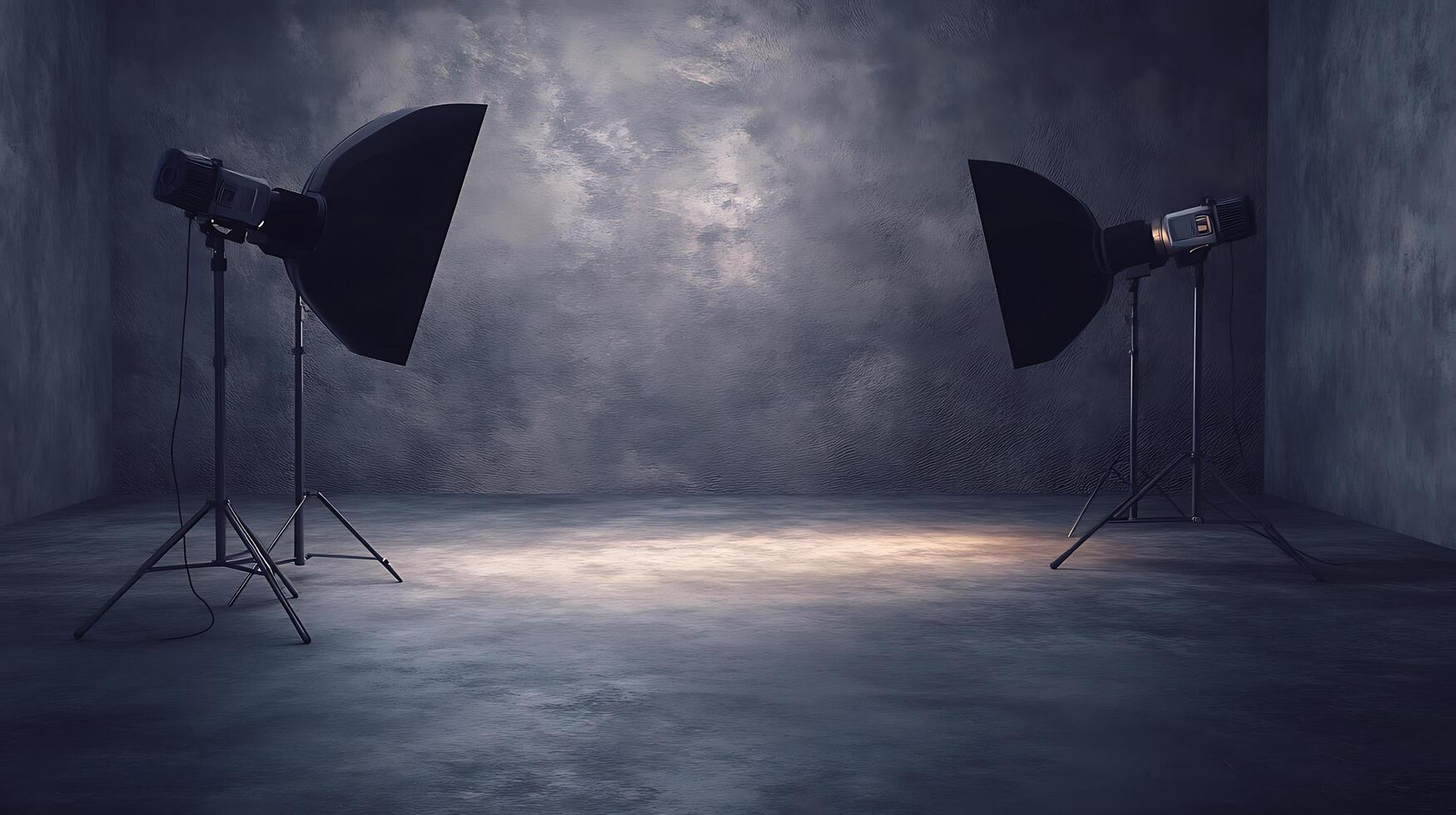 A photography studio is set up with studio lights, casting a spotlight on the floor against a textured wall creating a moody atmosphere. photo
