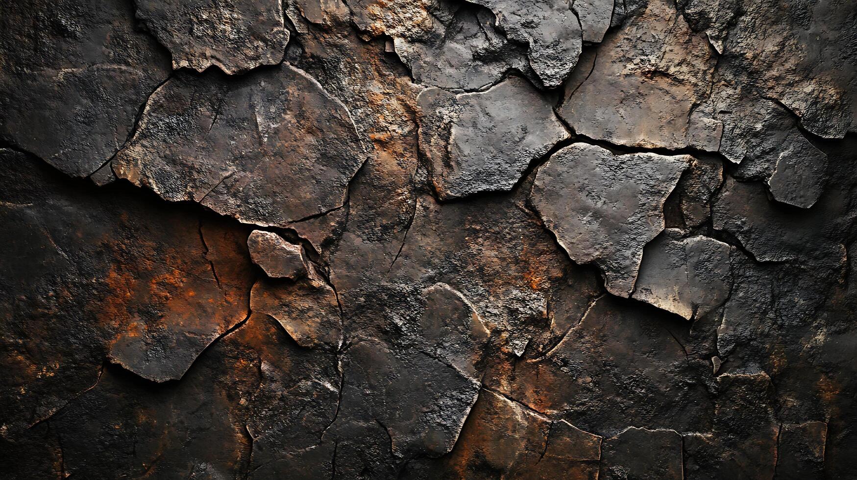 Cracked, weathered rock texture with a mix of dark gray and rust-colored tones forming a mosaic of broken surfaces. Aged and rustic. photo