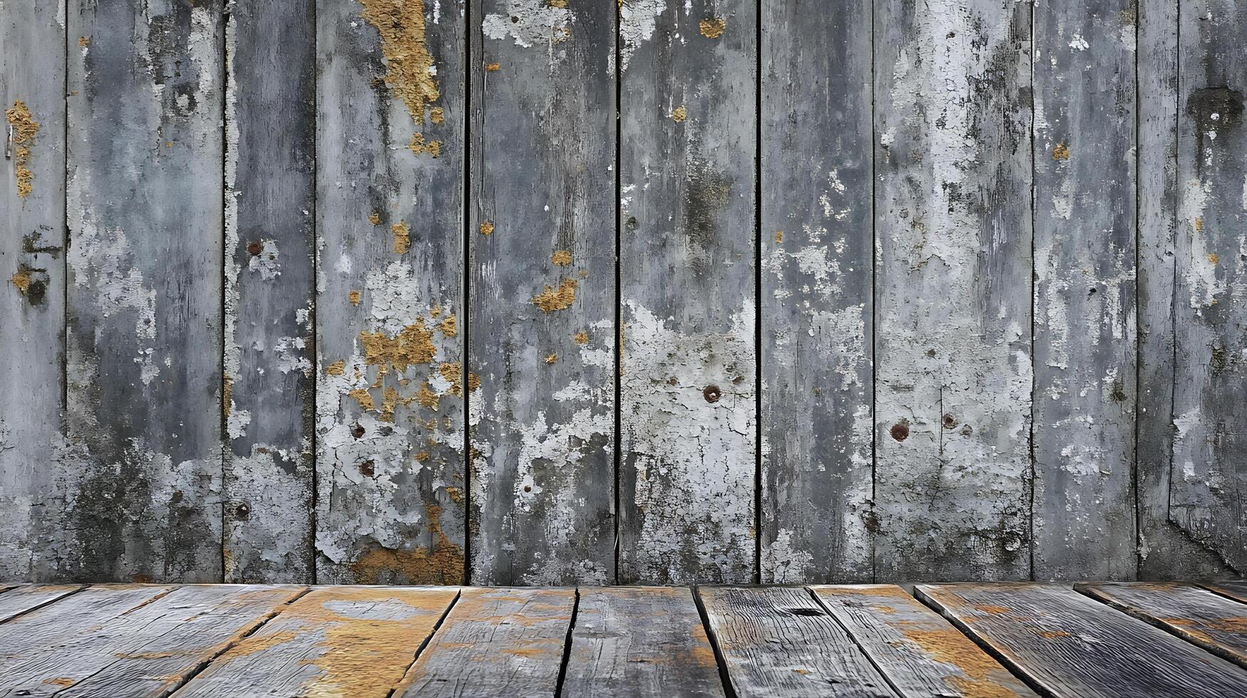 Distressed gray wooden backdrop with flaking paint, showcasing texture and aged charm. A rustic and weathered surface. photo