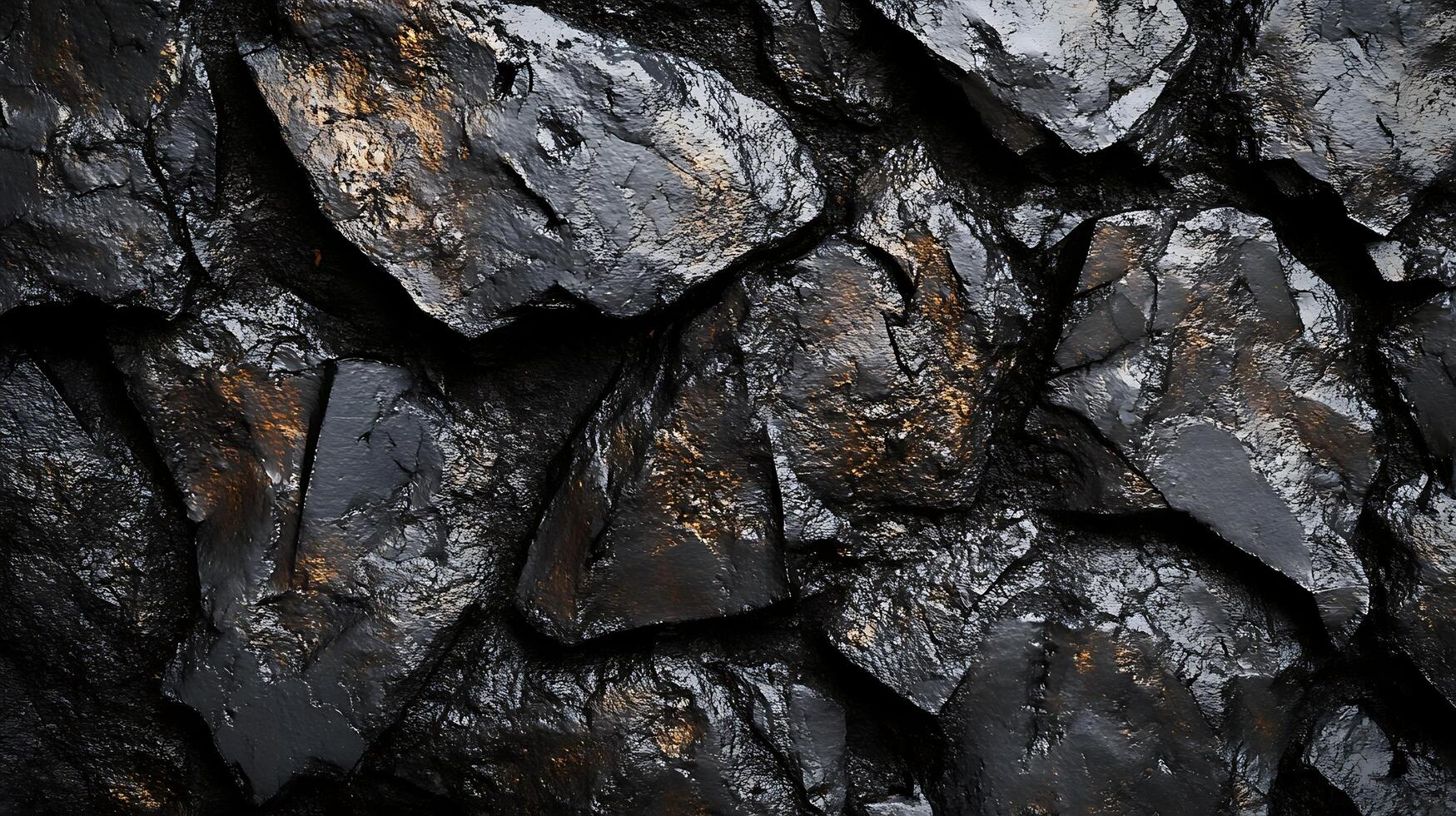 Abstract rock formation with dark coloration, potentially coal, slate, or volcanic rock. Close-up texture captures light reflection. photo