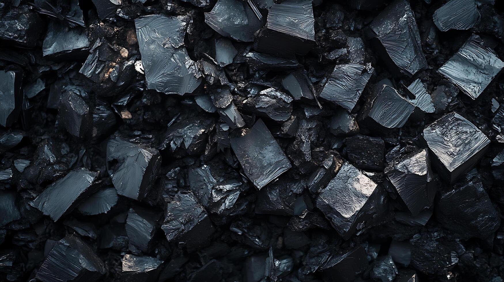 A pile of dark and shiny coal, a fossil fuel. The texture and dark color are emphasized, creating a striking visual. Close-up shot. photo