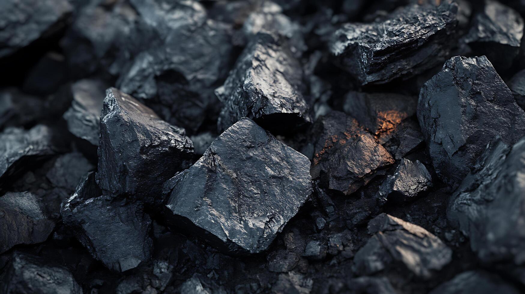 Close-up of pile of mined coal with visible textures, forms, shapes, and tonal values, with highlights from light reflections. photo