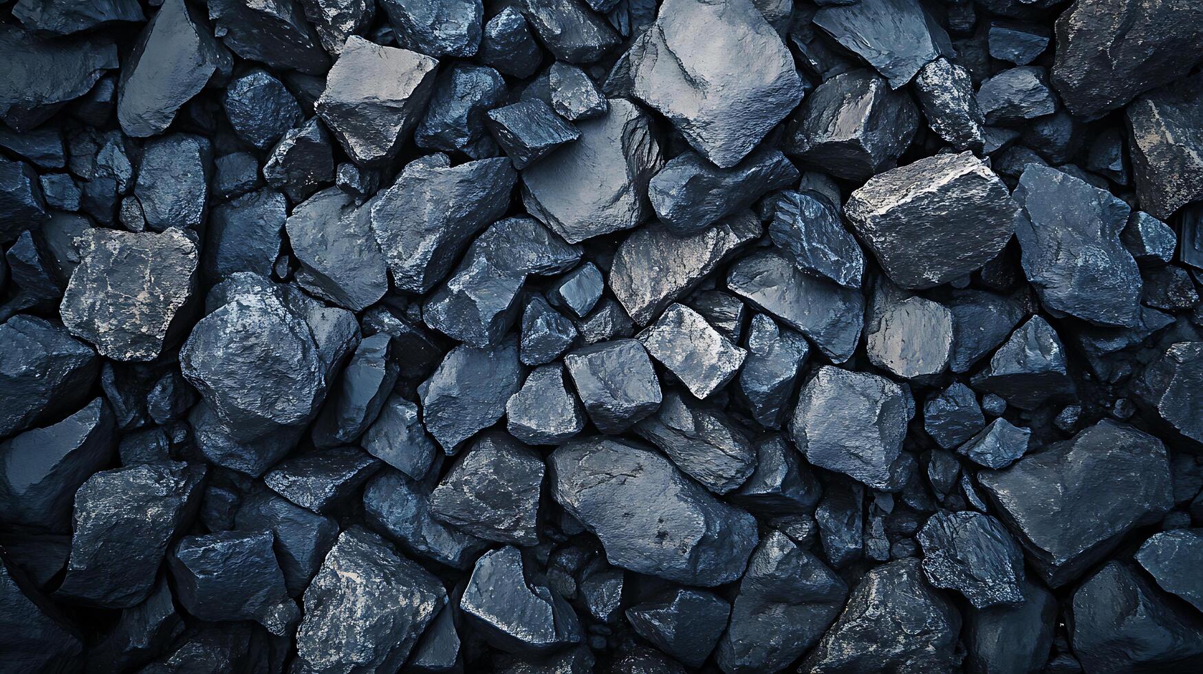A high-angle shot showcases a pile of irregular rocks, their surfaces reflecting light in shades of dark grey, providing rich texture and tone. photo