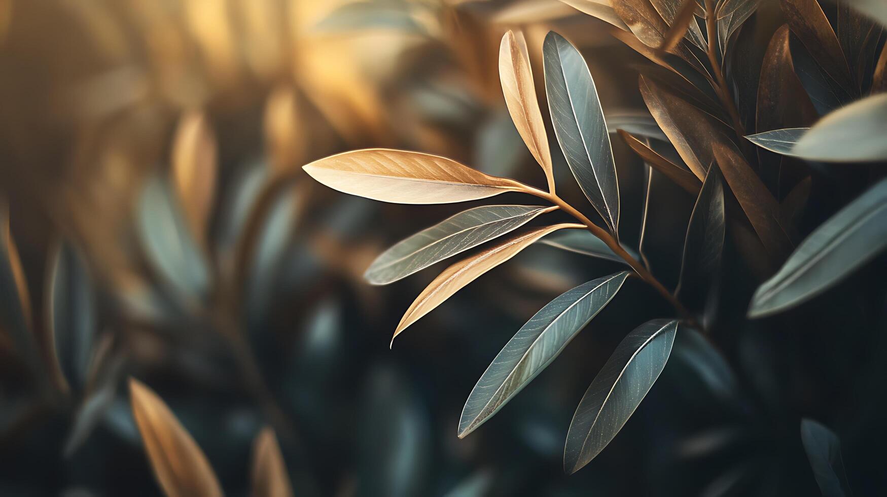 Close-up of olive-green leaves, some kissed by golden light, creates a serene and natural ambiance. Soft focus highlights leaf details. photo