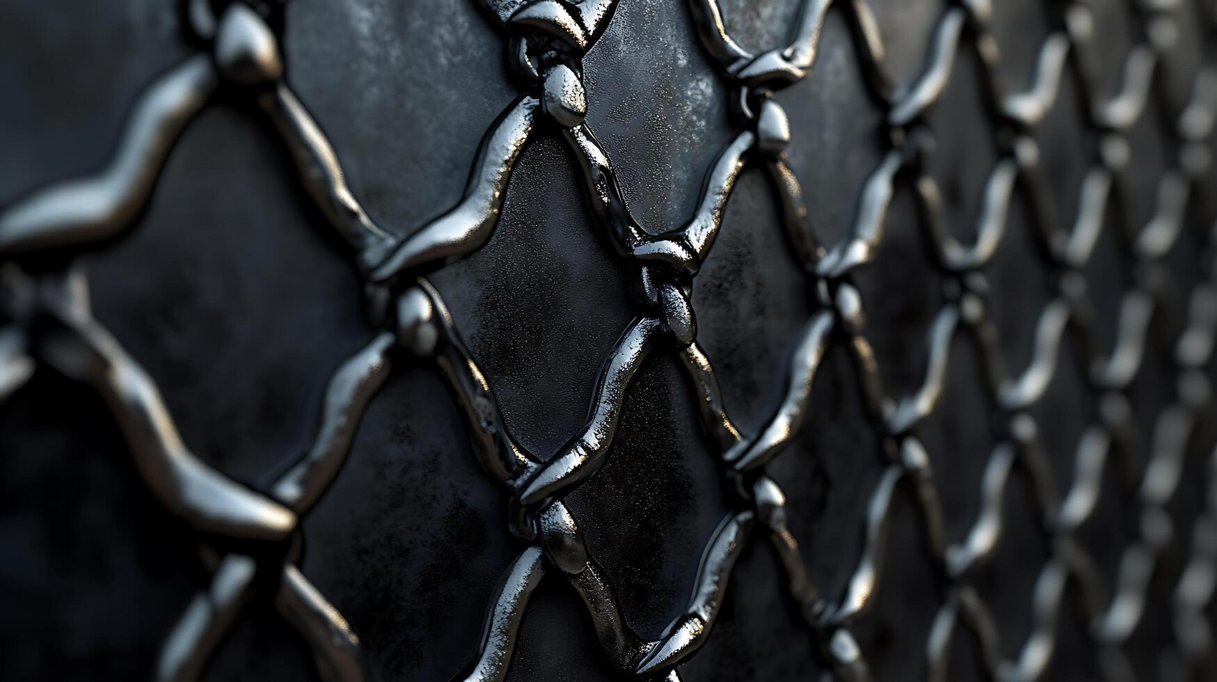 Close-up of a dark metallic net with silver strands creating diamond shapes, offering a rugged, industrial, and textural visual. photo