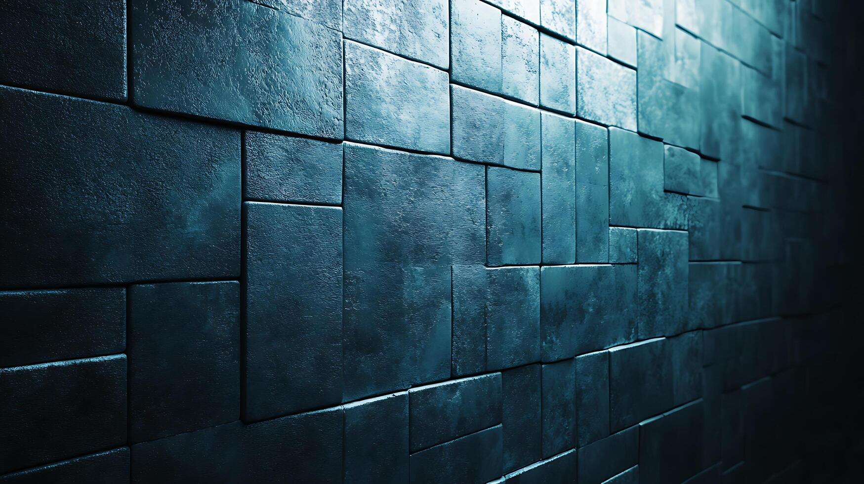 A close-up of an artistic wall with dimensional tiles in a teal color. The play of light and shadow creates a unique pattern. photo