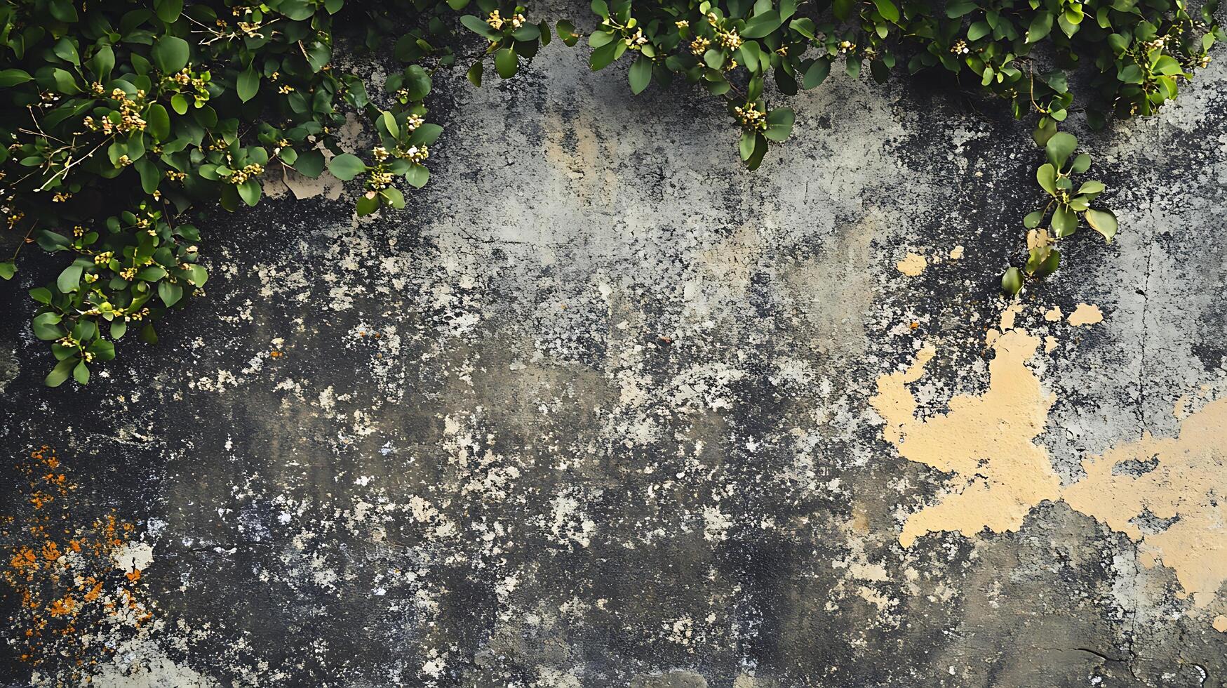 Old wall texture partially covered in creeping vegetation and peeling paint, creating a blend of natural and man-made elements. photo