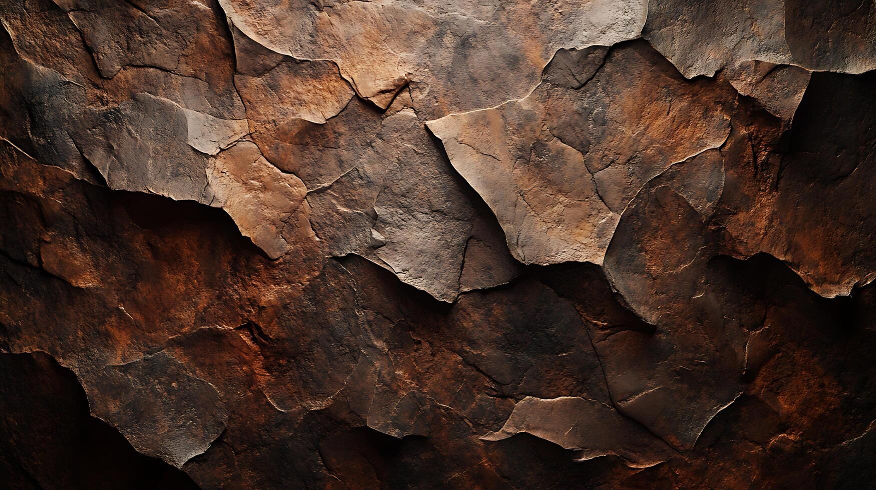 A close-up of rugged rock layers showcasing a rich tapestry of earthy tones, from deep browns to soft grays, creating a textured surface. photo