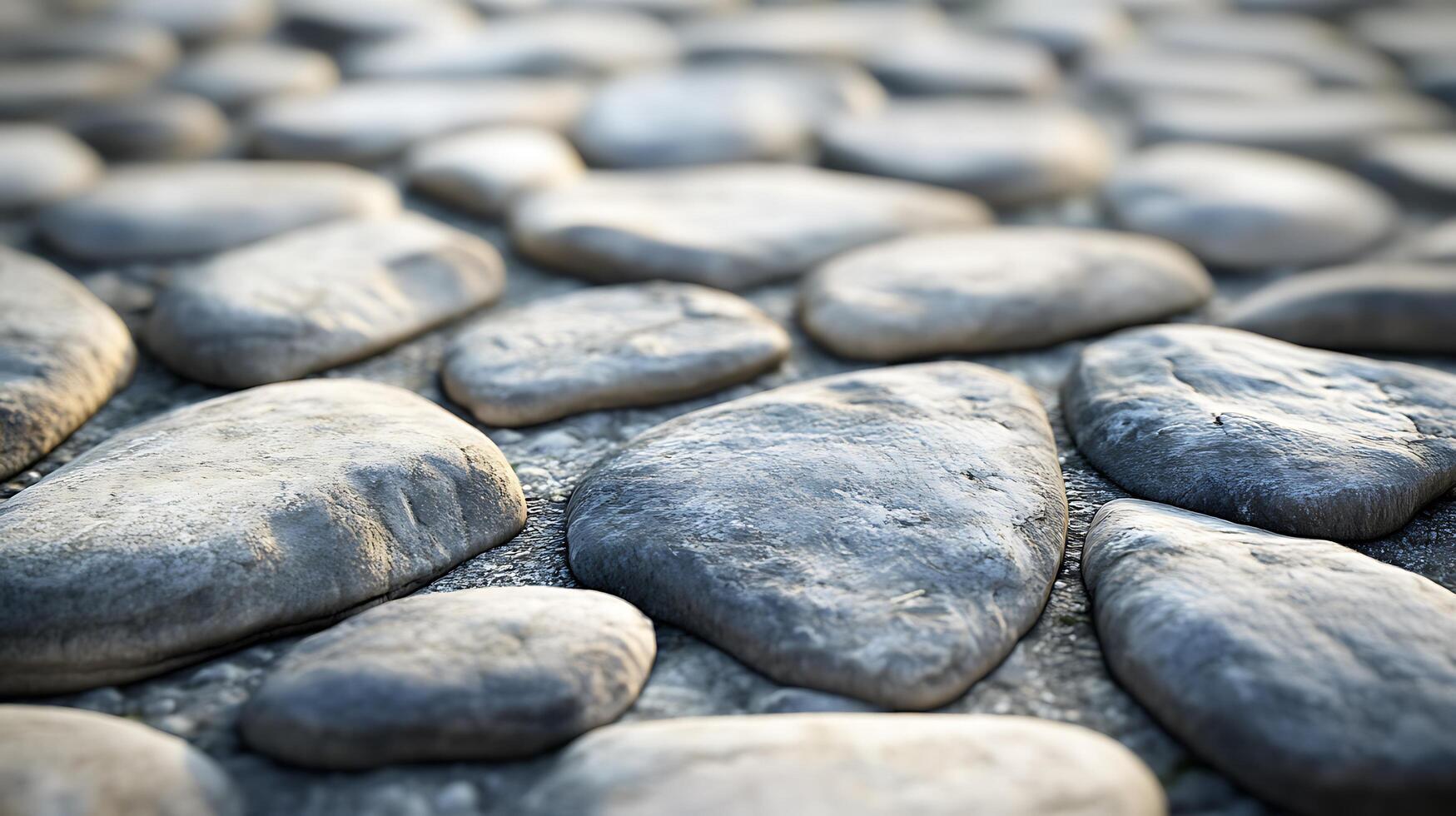 A collection of smooth stones, creating a textured and natural surface. The stones are various sizes and shapes. Sunlight. photo