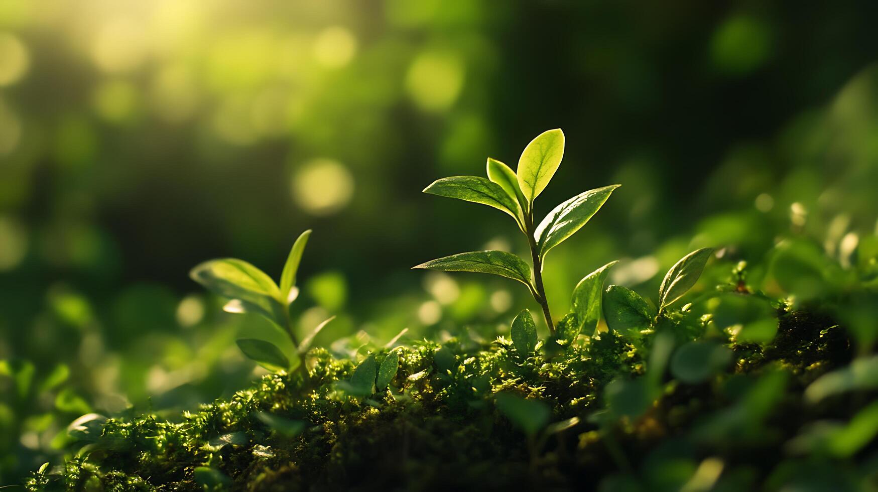 Sprout emerging from the mossy ground, illuminated by sunlight. New life and growth in the forest. Plant life, nature, greenery, and flora. photo