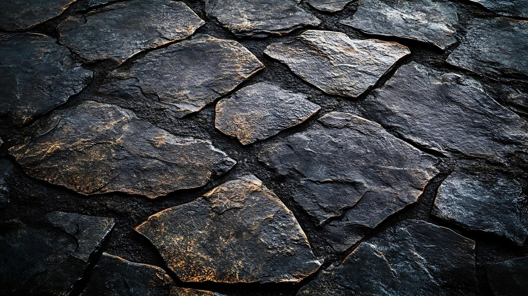 Dark textured surface of irregularly shaped stones. Rich textures and natural tones create an eye-catching pattern for backgrounds and design. photo