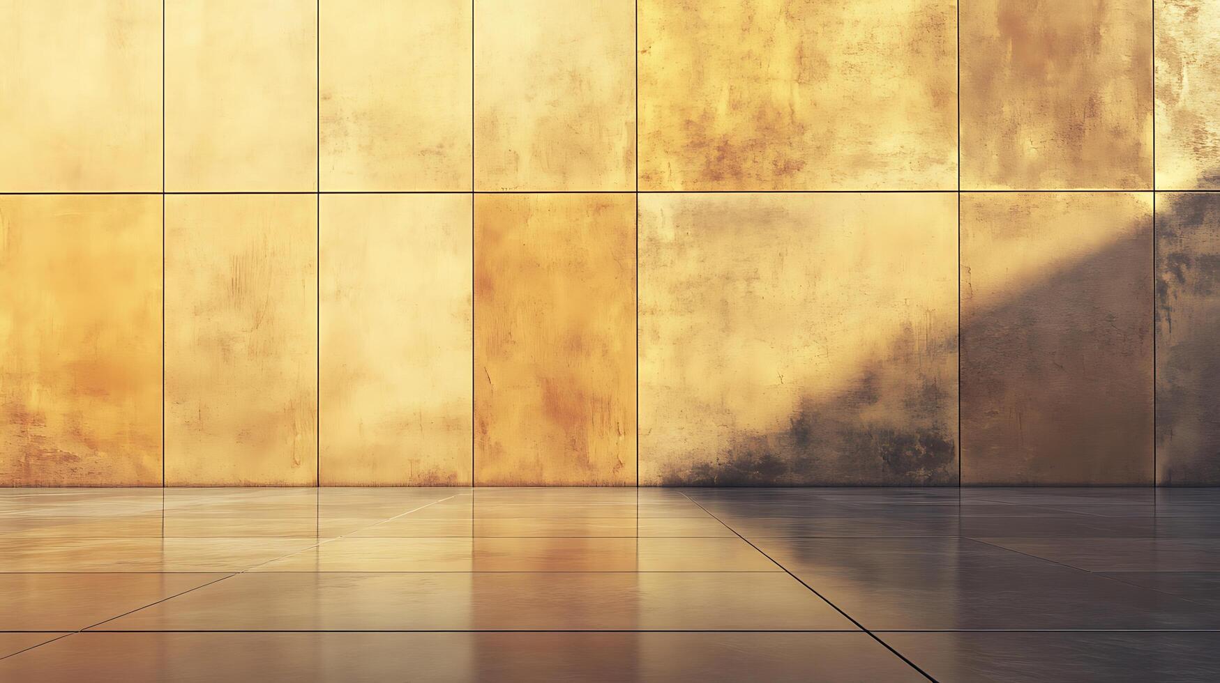 Abstract backdrop features golden wall panels catching sunlight, juxtaposed with a cool, glossy floor reflecting ambient light. photo